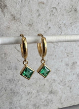 Load image into Gallery viewer, Princess Cut Natural Green Emerald Bezel Set Small Huggie Hoop Earrings
